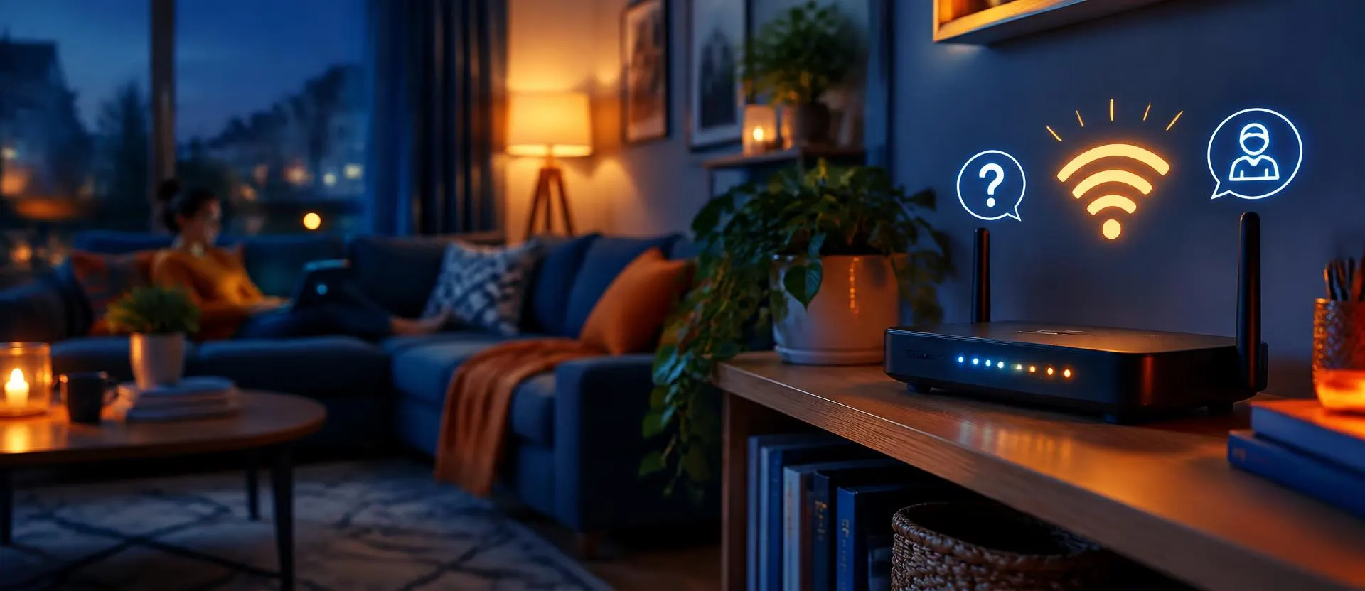 Domácí Wi-Fi router v obývacím pokoji (ilustrační obrázek)