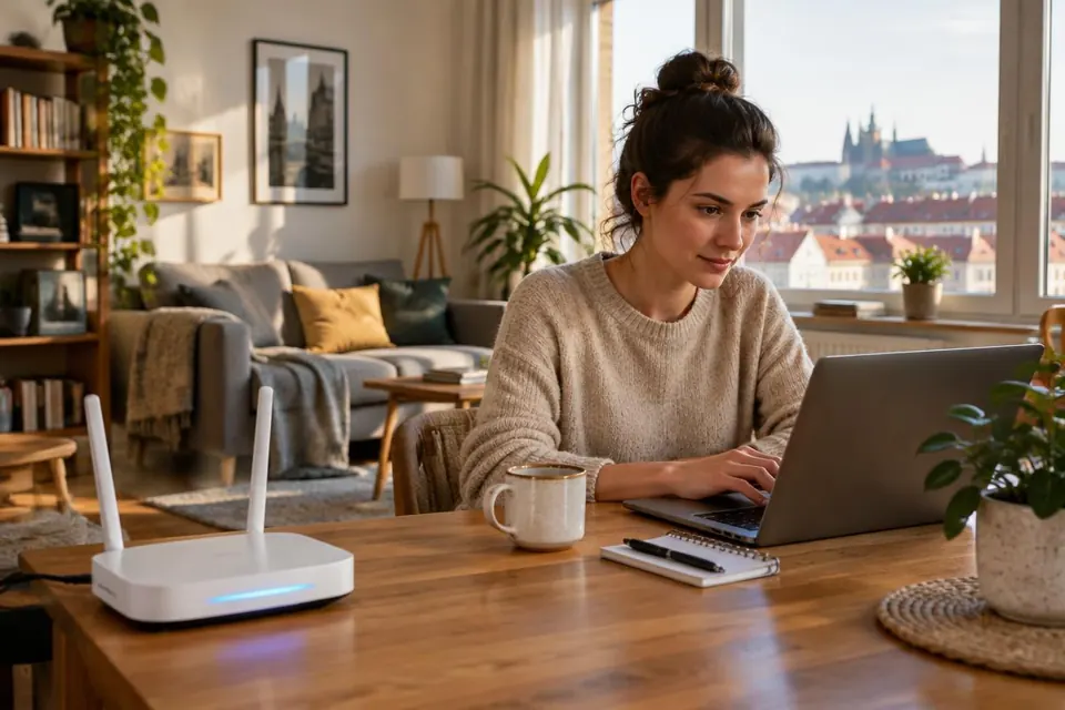 Žena pracuje doma na notebooku, na stole stojí Wi-Fi router
