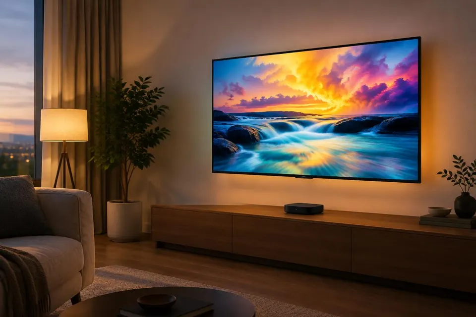 Moderní televize na stěně obývacího pokoje se set-top boxem pro IPTV